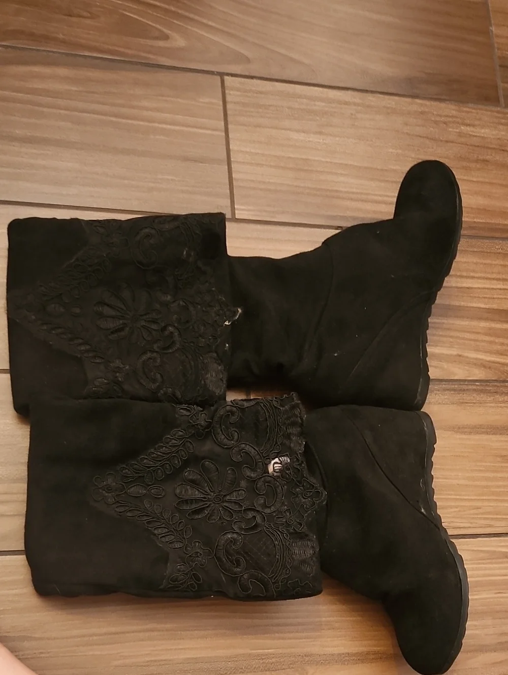 Black Lace-Trim Over-the-Knee Wedge Boots - Women